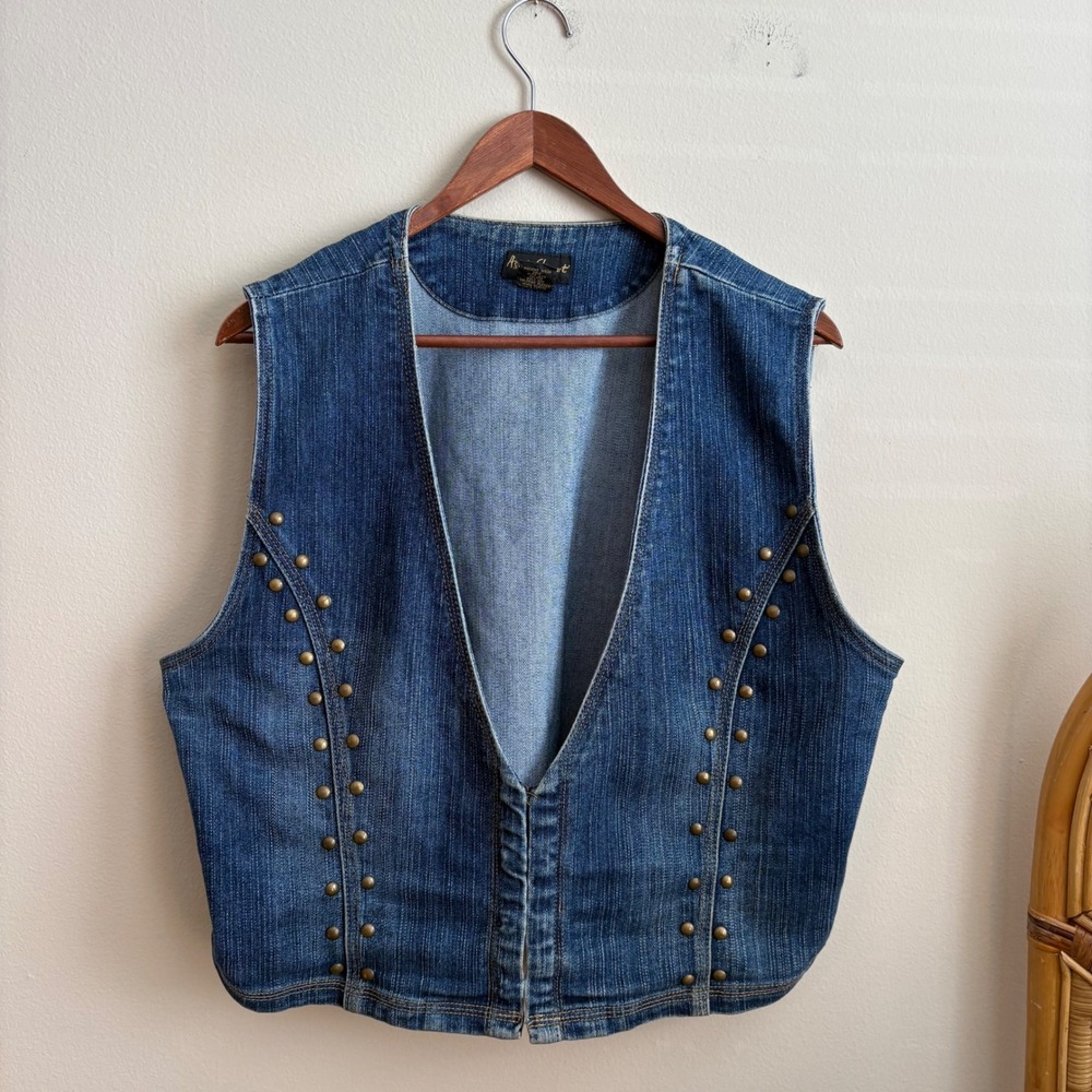 Vintage 1990's Ashley Stewart Womens Boho Western Style Denim Studded Vest
